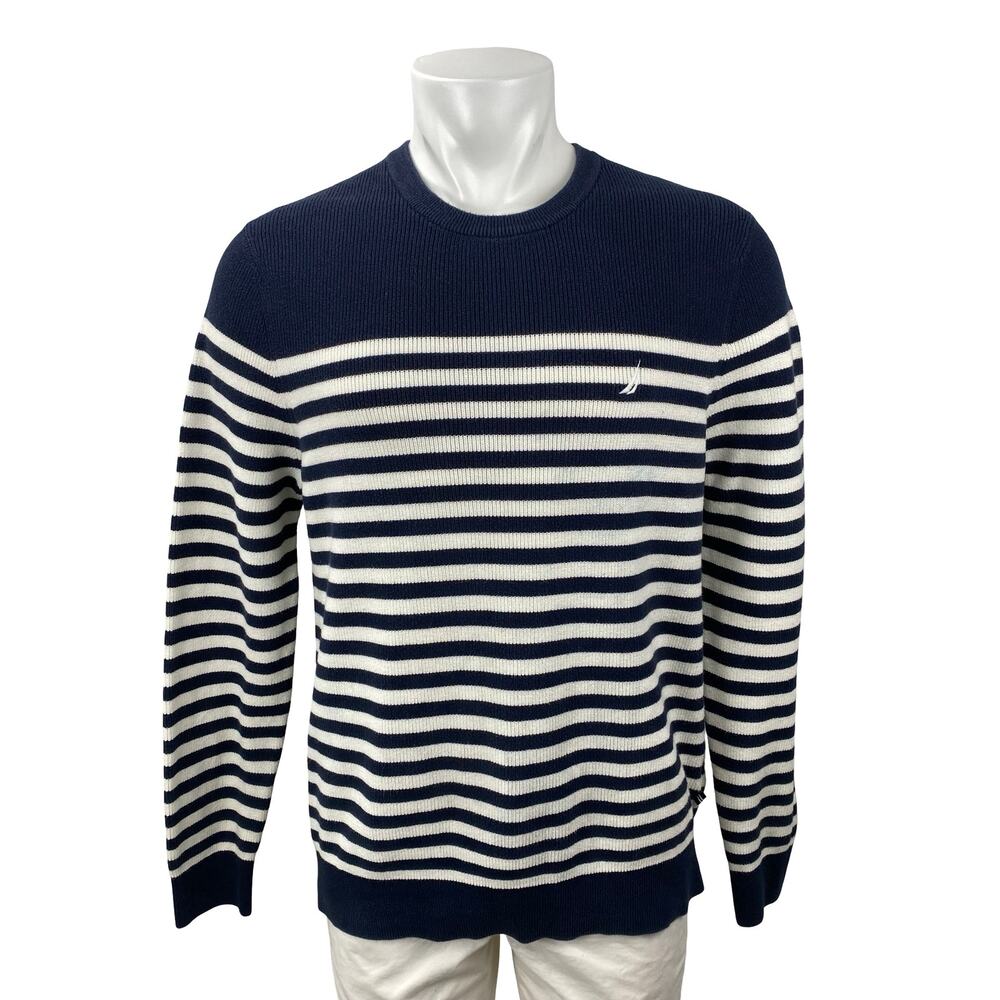 Nautica Men's Navy Blue Striped Logo Crew Neck Long Sleeve Knit Sweater Top L